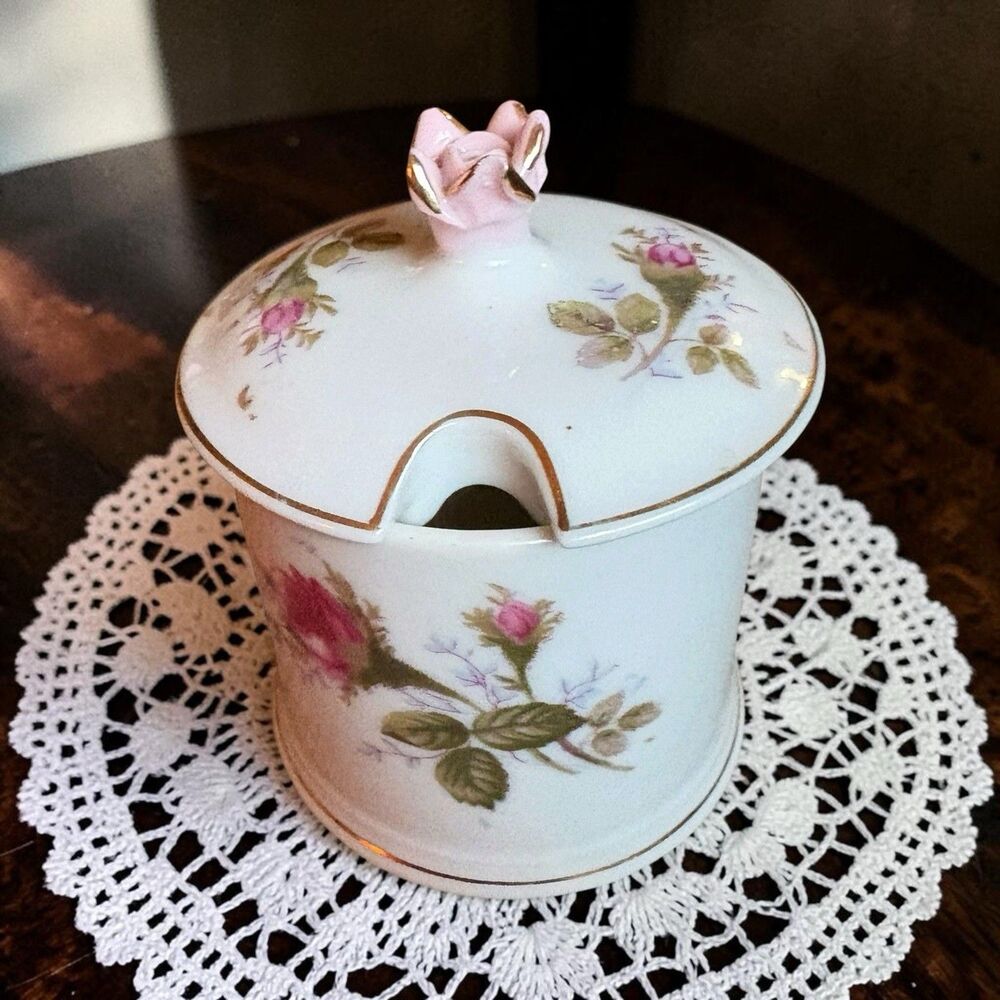 Lipper And Mann Porcelain Condiment Jam Jar With Lid Moss Rose Pattern 1950s